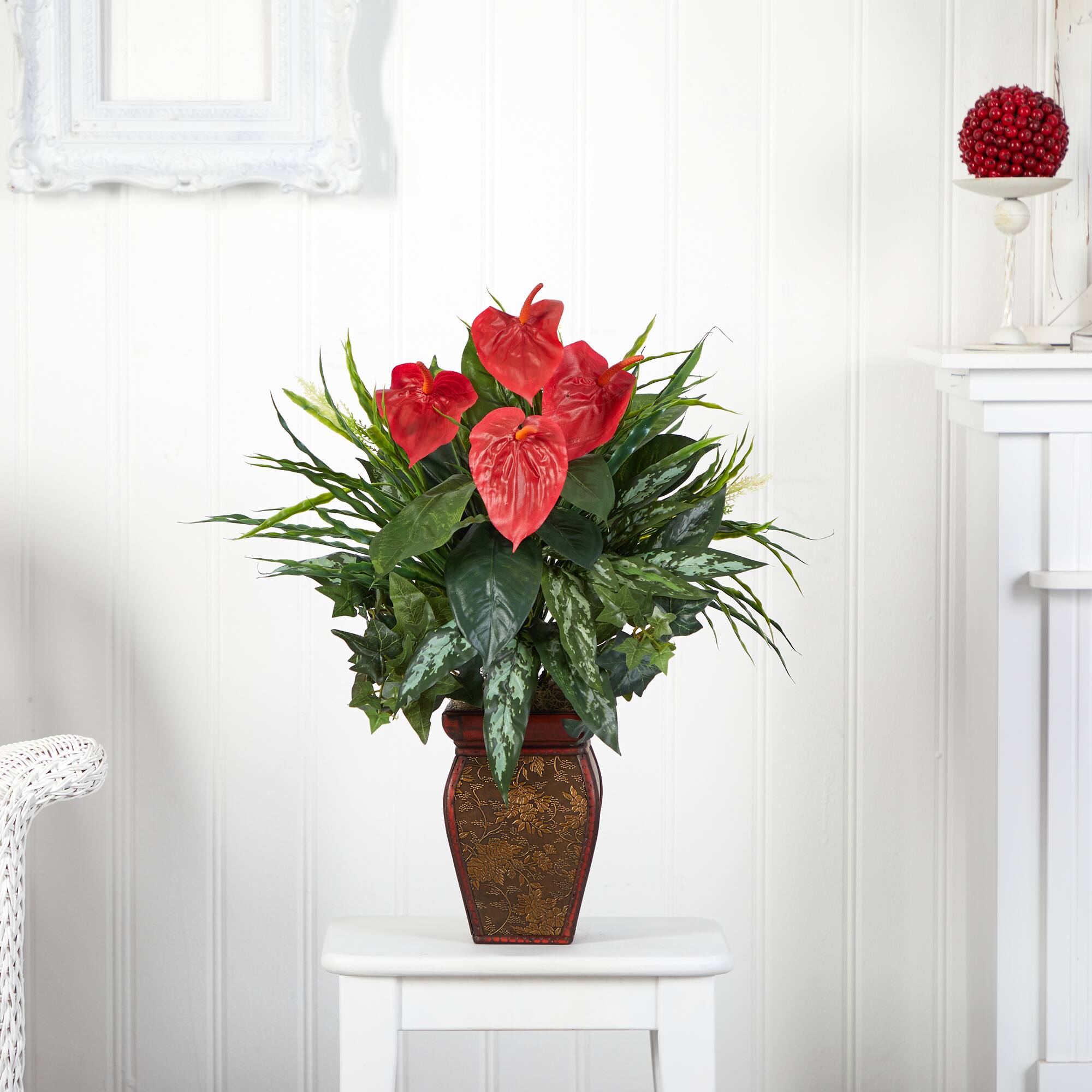 26" Artificial Mixed Greens & Anthurium Plant with Decorative Vase